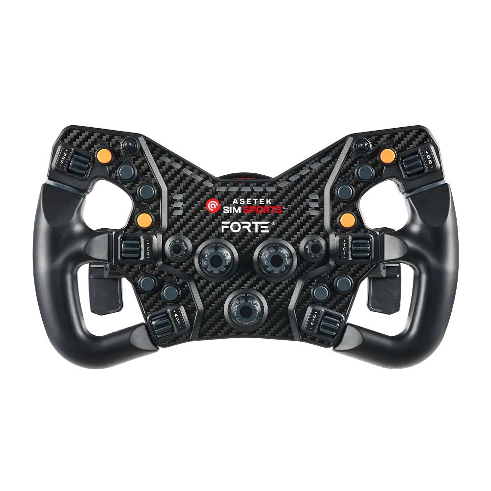 Asetek Racing LMP styrhåndtag med orange knapper, detaljeret frontvisning, til racerkoncept og simracing.