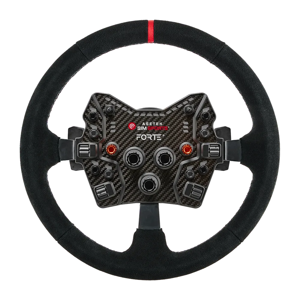 Asetek Racing rally- og drift-ratt med skindbeklædt del, vises frontalt uden baggrund, sporty og ergonomisk design.