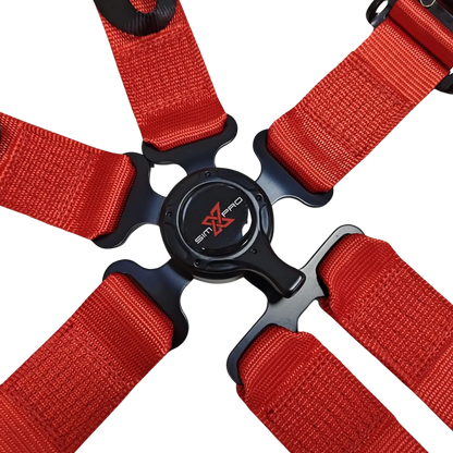 SimXPro sædesele med justerbare stropper og polstring, designet til simulatorspil og racing.