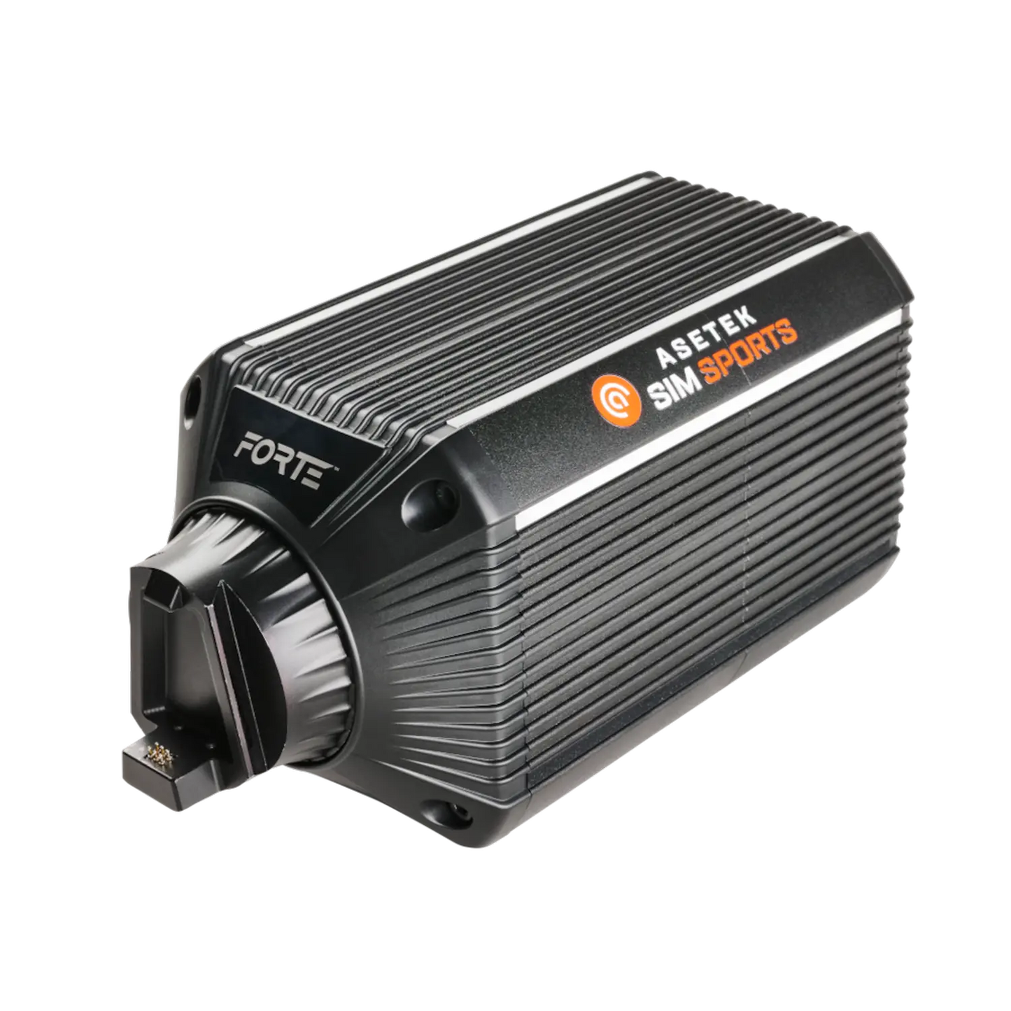 Asetek Racing Forte Wheelbase sidebillede, sort racinghjulbase til simracing med detaljeret design og tilslutningsporte.