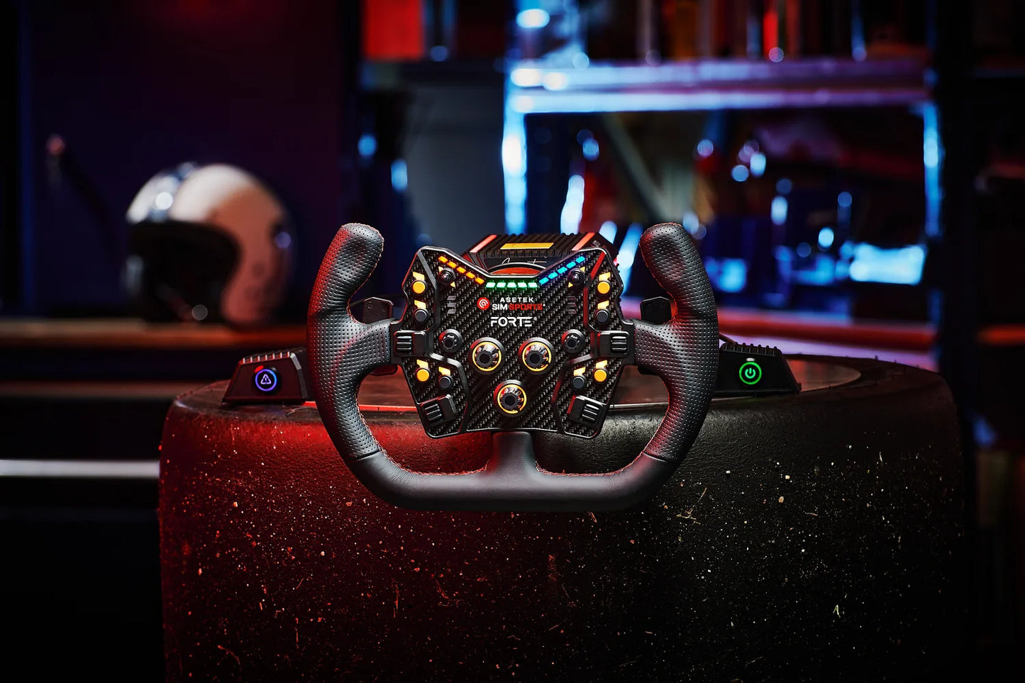 Asetek Racing åbent sort rattet med suede og perforeret læder, racinghåndtag til bilsimulator eller racerkøretøj.