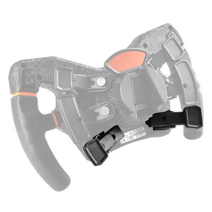 Asetek Racing simracer rat med koblingspedaler tilbehør, sort, metal, vises bagfra med fokus på paddles og ratets design