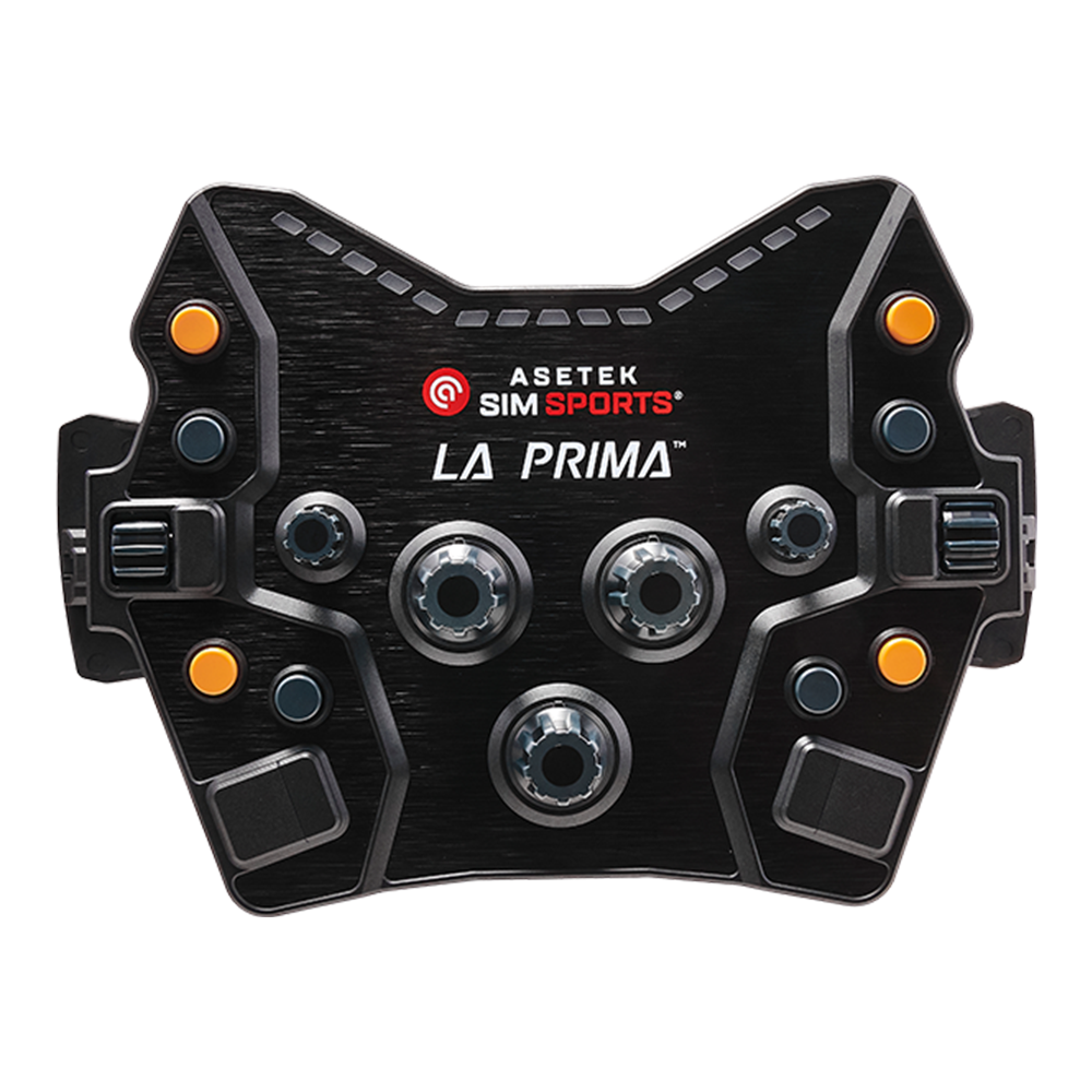 Asetek Racing La Prima knapboks frontvisning med knapper og betjening for racingspil, i sort design.