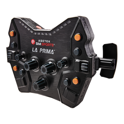 Asetek Racing La Prima knap-boks med flere knapper på en white-Black racing-setup, lavet af Asetek Racing.