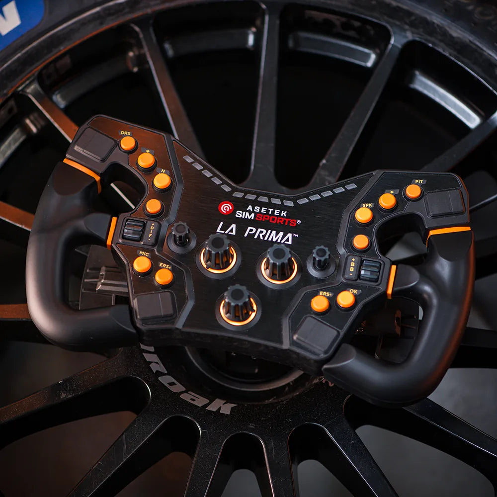 Asetek Racing ratstyrringsknapper i farvekitt til tilbehør, med flere farvede knapper til racing steering wheel, vist på miljøbaggrund