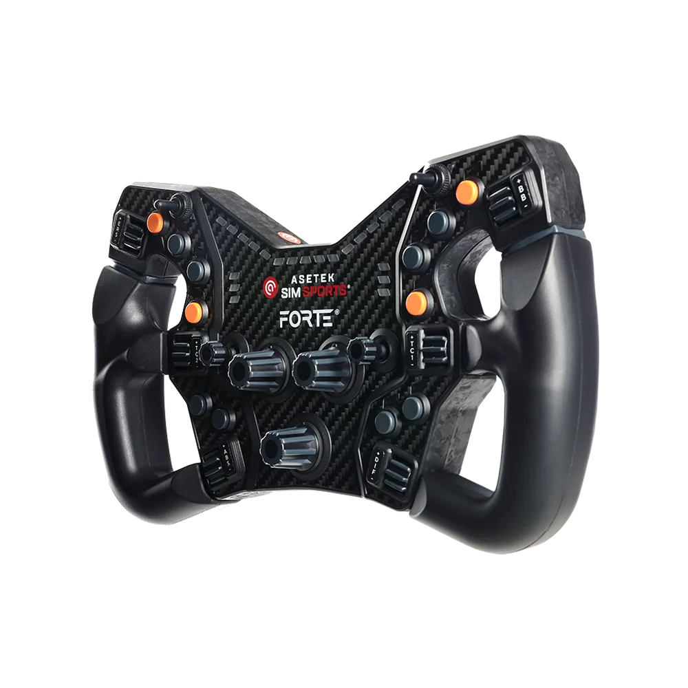 Asetek Racing LMP-rattet håndtag med orange knapper, vinklet design, til racing simulatorkonfiguration uden baggrund.