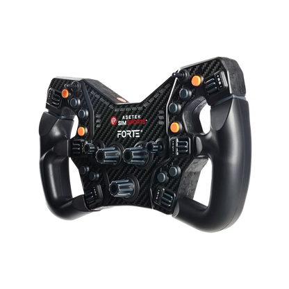Asetek Racing LMP-rattet håndtag med orange knapper, vinklet design, til racing simulatorkonfiguration uden baggrund.