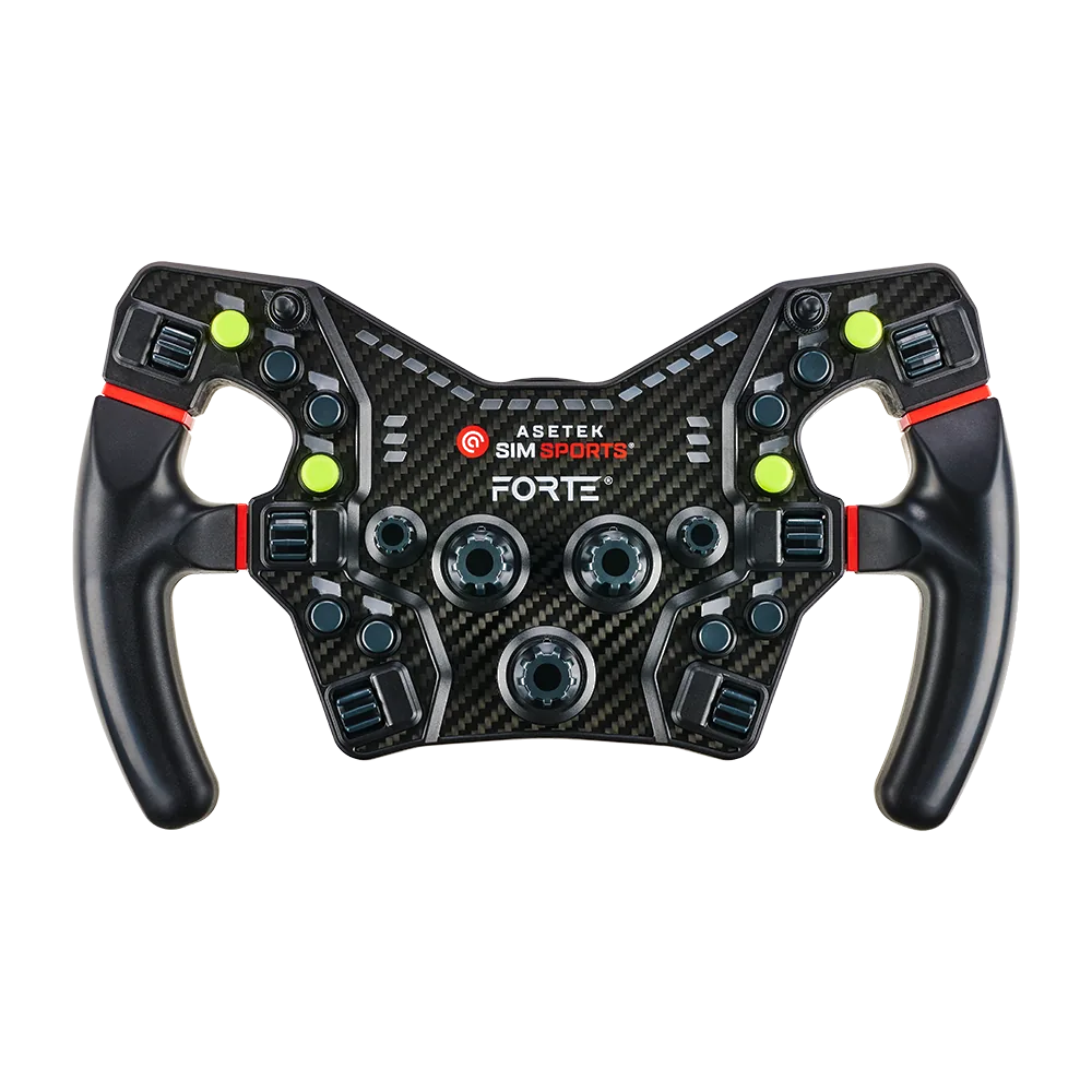 Asetek Racing ratstyringshjul tilbehør med neongrøn farvekitt og røde puder, uden baggrund, til racerbil eller gaming.