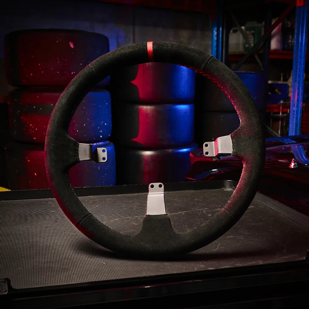 Asetek Racing rally-drift ratlerrattehjul med skindbelagt disket design og sporty udseende, perfekt til racingbiler.