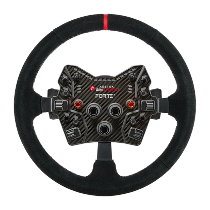 Asetek Racing rally- og drift-ratt med skindbeklædt del, vises frontalt uden baggrund, sporty og ergonomisk design.