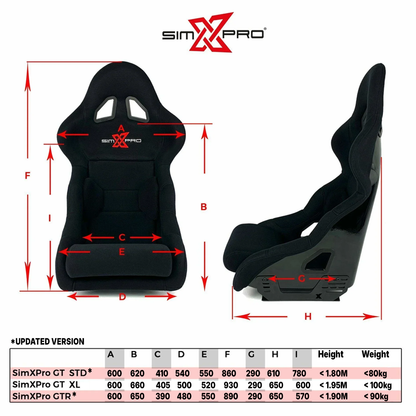 SimXPro XL GT racingstol med polstret sæde og justerbare arme til simracing og racingspil.