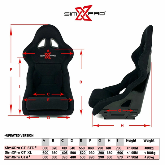 SimXPro XL GT racingstol med polstret sæde og justerbare arme til simracing og racingspil.