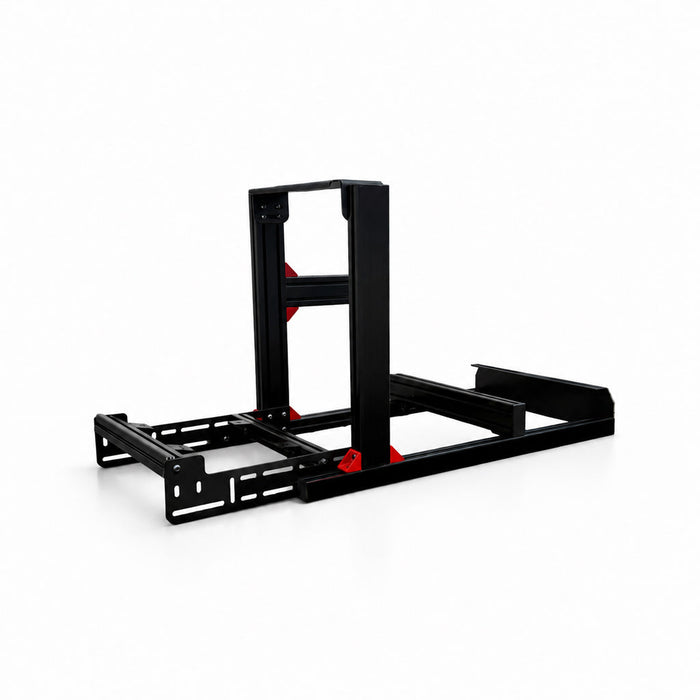 SimXPro GT sim racing-cockpit i sort aluminiumsprofil, vist forfra.