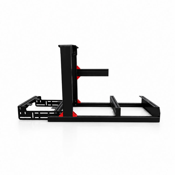 SimXPro GT sim racing-cockpit i sort, vist i vinkel med pedalplade og ratholder.