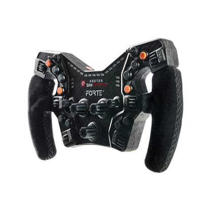 Asetek Racing Formel ratgreb i ruskind med orange knapper, vinklet design uden baggrund, til racing simulatorer