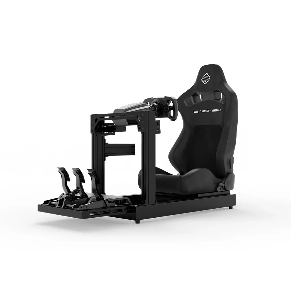 SIMGASM Club cockpit i sort med Core Recline-sæde og MOZA-udstyr, set skråt forfra