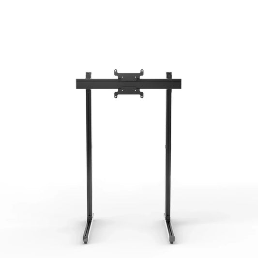 Front three-quarter view of the black SIMGASM Apex freestanding single monitor stand