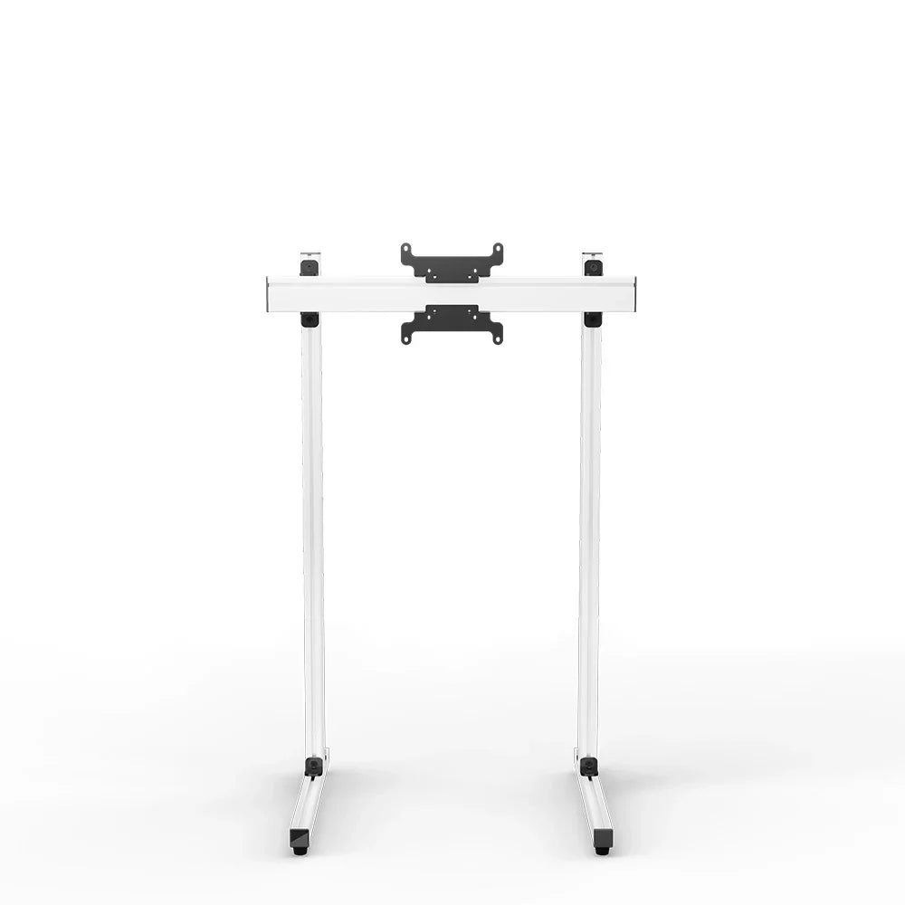 Left three-quarter view of the white SIMGASM Apex freestanding single monitor stand