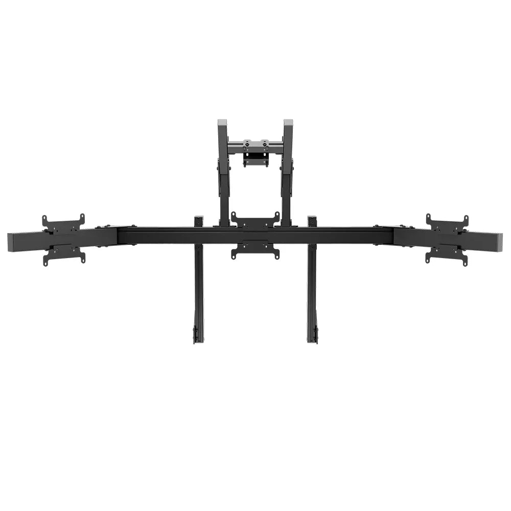 Front three-quarter view of the black SIMGASM Apex integrated quad monitor stand