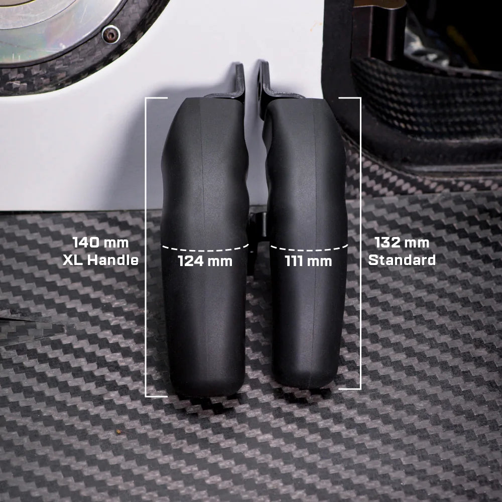 Asetek Racing XL gearknapper med ergonomisk design til racerkørestyring, vist med mål og detaljer.