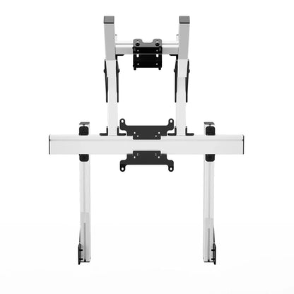 Straight-on product view of the white SIMGASM Apex integrated double monitor stand with its VESA brackets