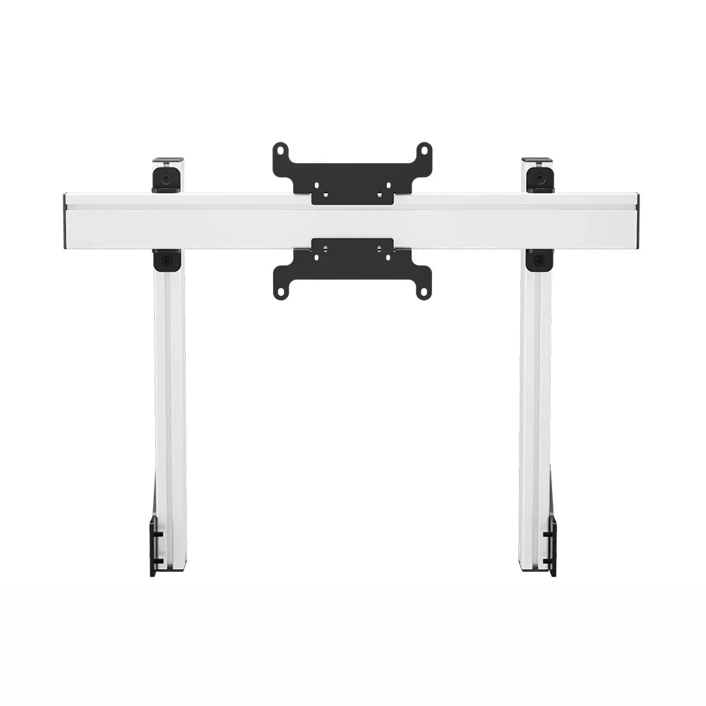 Straight-on product view of the white SIMGASM Apex integrated single monitor stand with its VESA brackets