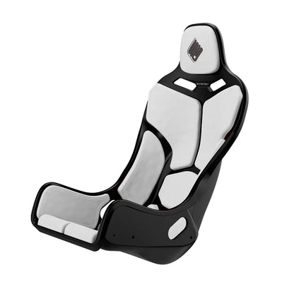 Black-shell SIMGASM Atlas Formula seat fitted with white cushions in a front three-quarter view