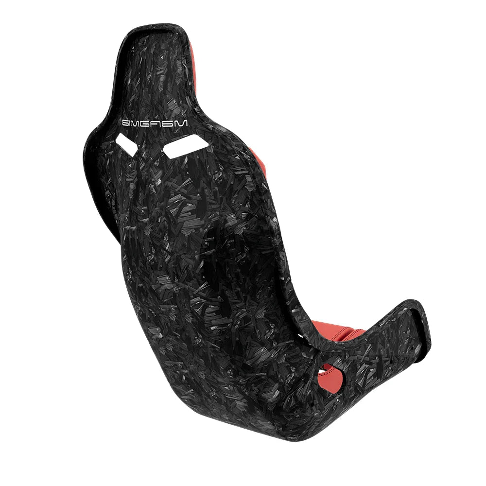 Rear three-quarter view showing red side trim on the SIMGASM Atlas Formula seat with a Forged Carbon Look shell