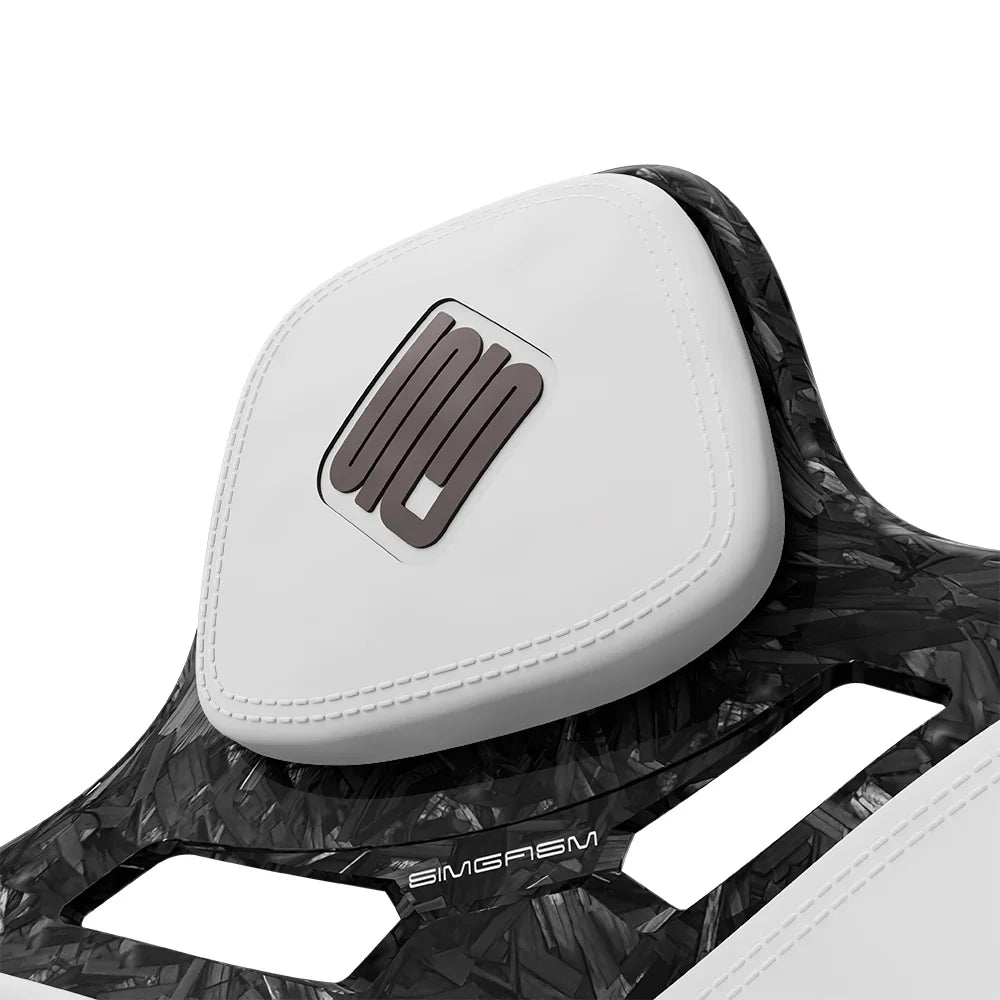 Close-up of the white headrest cushion on the SIMGASM Atlas Formula seat with a Forged Carbon Look shell