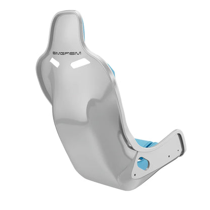 Rear three-quarter view showing blue side trim on the white-shell SIMGASM Atlas Formula seat