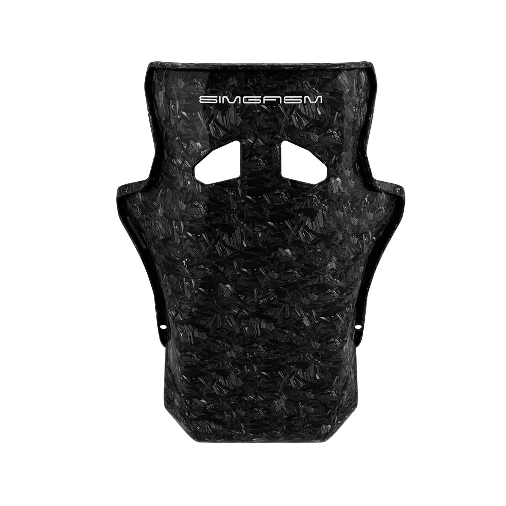 Rear view showing black trim on the SIMGASM Atlas GT seat with a Forged Carbon Look shell