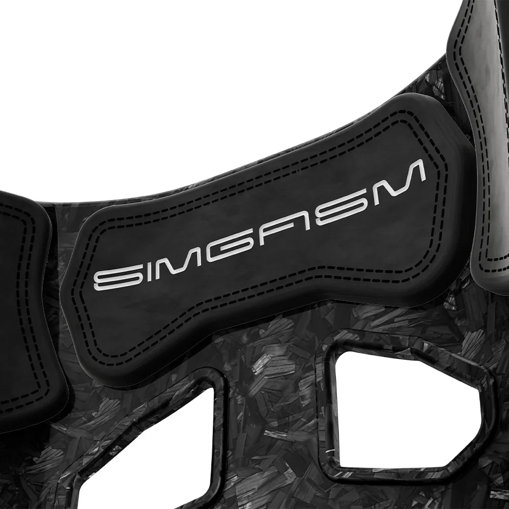 Close-up of the black upper backrest cushion on the SIMGASM Atlas GT seat with a Forged Carbon Look shell
