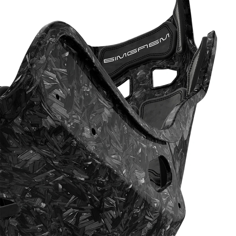 Close-up of the black cushions and side shell on the SIMGASM Atlas GT seat with a Forged Carbon Look shell