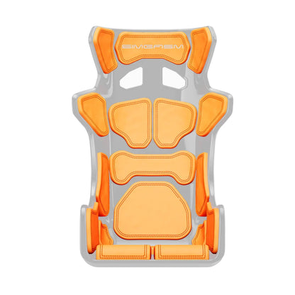 Orange Atlas GT cushion set arranged in its seating layout for the white-shell SIMGASM seat