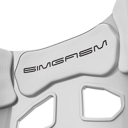 Close-up of the white upper backrest cushion on the white-shell SIMGASM Atlas GT seat
