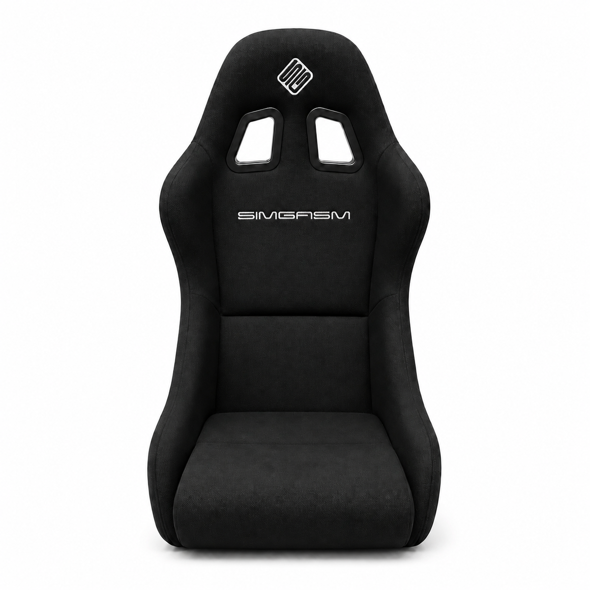 Front view of the black SIMGASM Core bucket seat with fitted back and base cushions