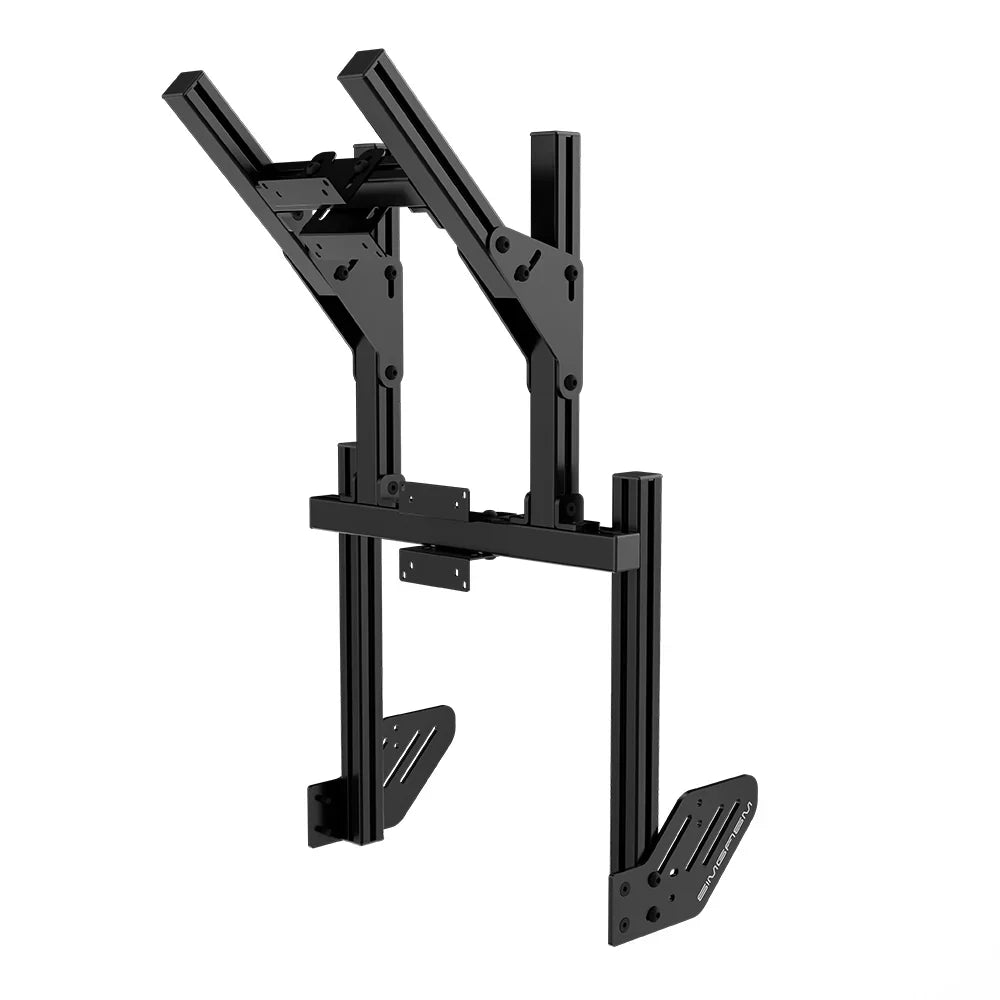 Three-quarter view of the black SIMGASM Core integrated double monitor stand