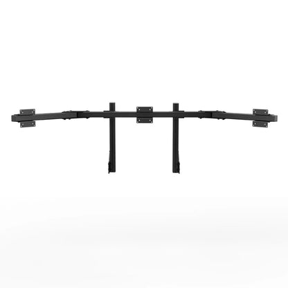 Straight-on view of the SIMGASM Core triple monitor stand showing three VESA mounts and angled side arms