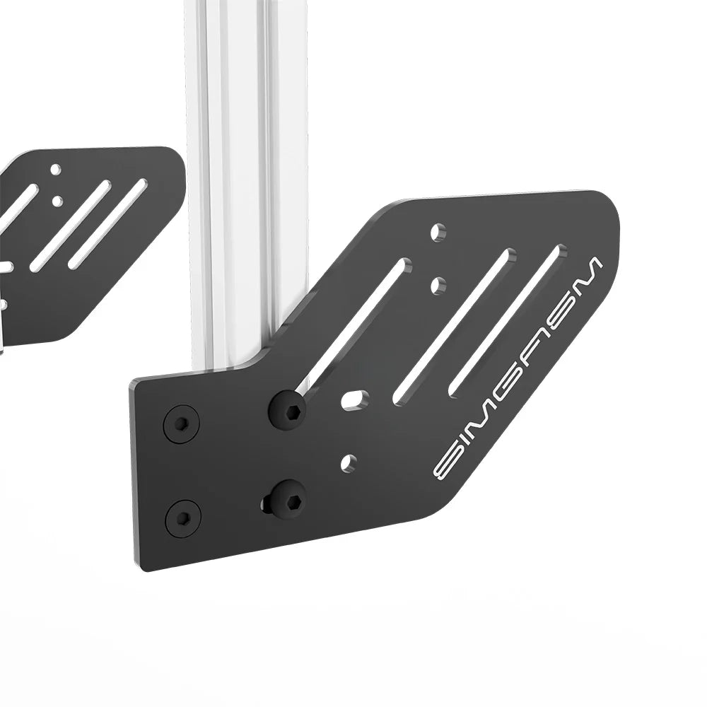 Close-up of the black side mounting plate attached to the white SIMGASM Core integrated triple monitor stand upright