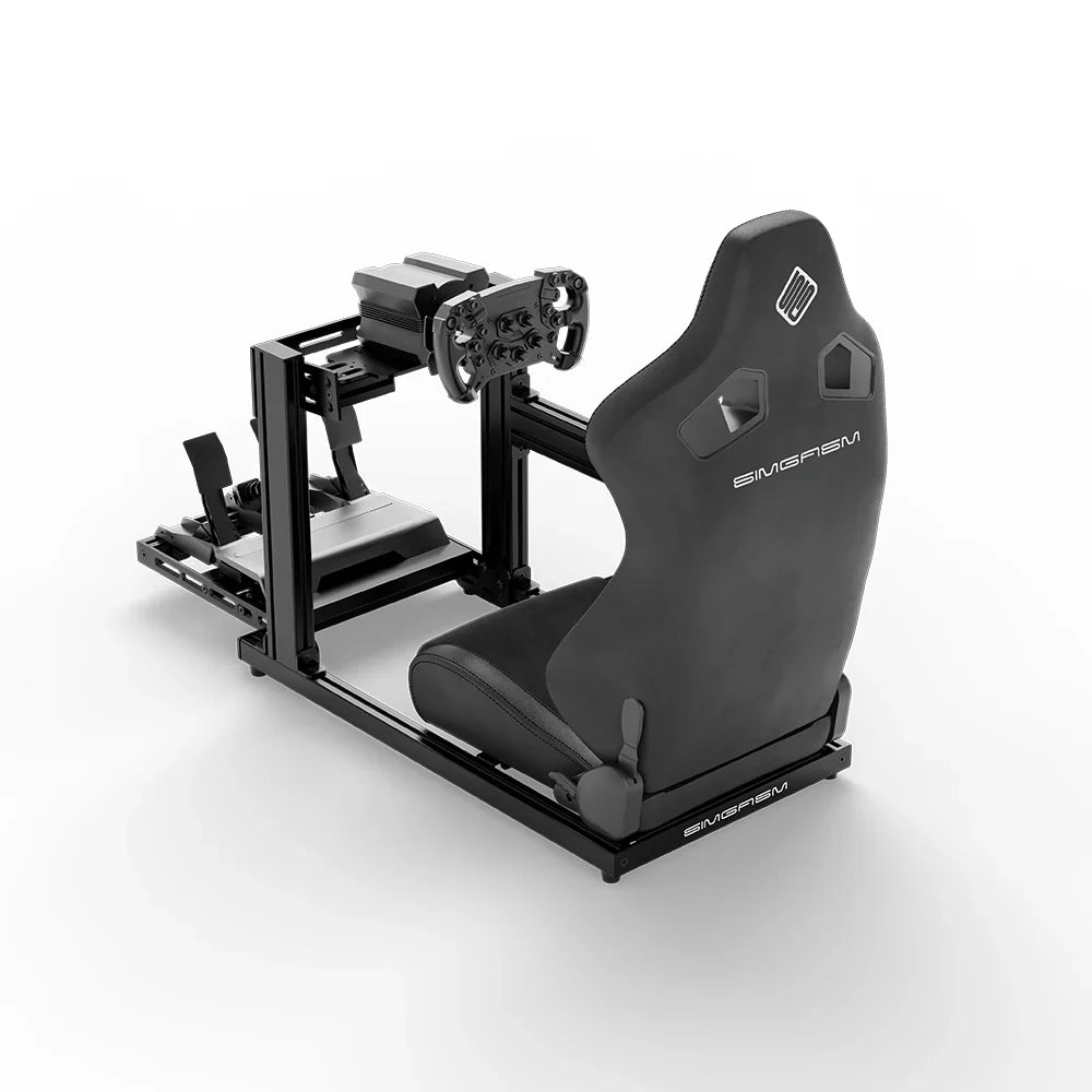 SIMGASM Hobby cockpit i sort med Core Recline-sæde og MOZA-udstyr, set skråt ovenfra