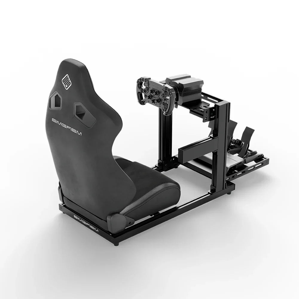SIMGASM Hobby cockpit i sort med Core Recline-sæde og MOZA-udstyr, set skråt ovenfra