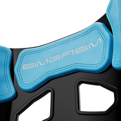 Close-up of the blue upper backrest cushion on the black-shell SIMGASM Atlas GT seat