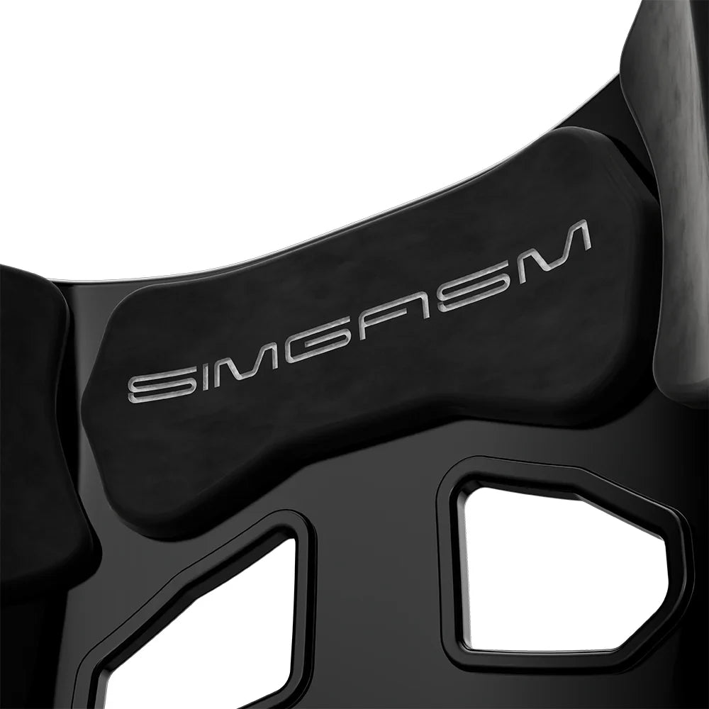 Close-up of the black upper backrest cushion on the black-shell SIMGASM Atlas GT seat