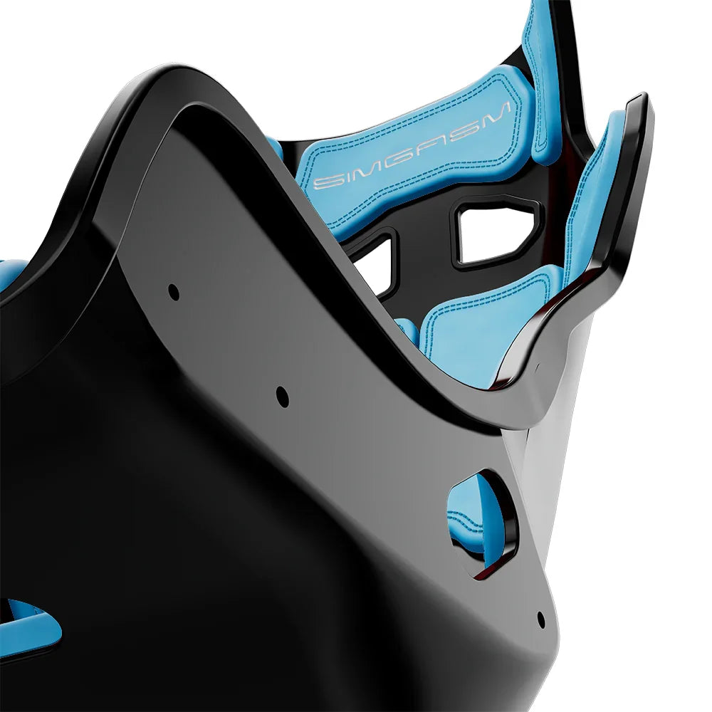 Close-up of the blue cushions and side shell on the black-shell SIMGASM Atlas GT seat