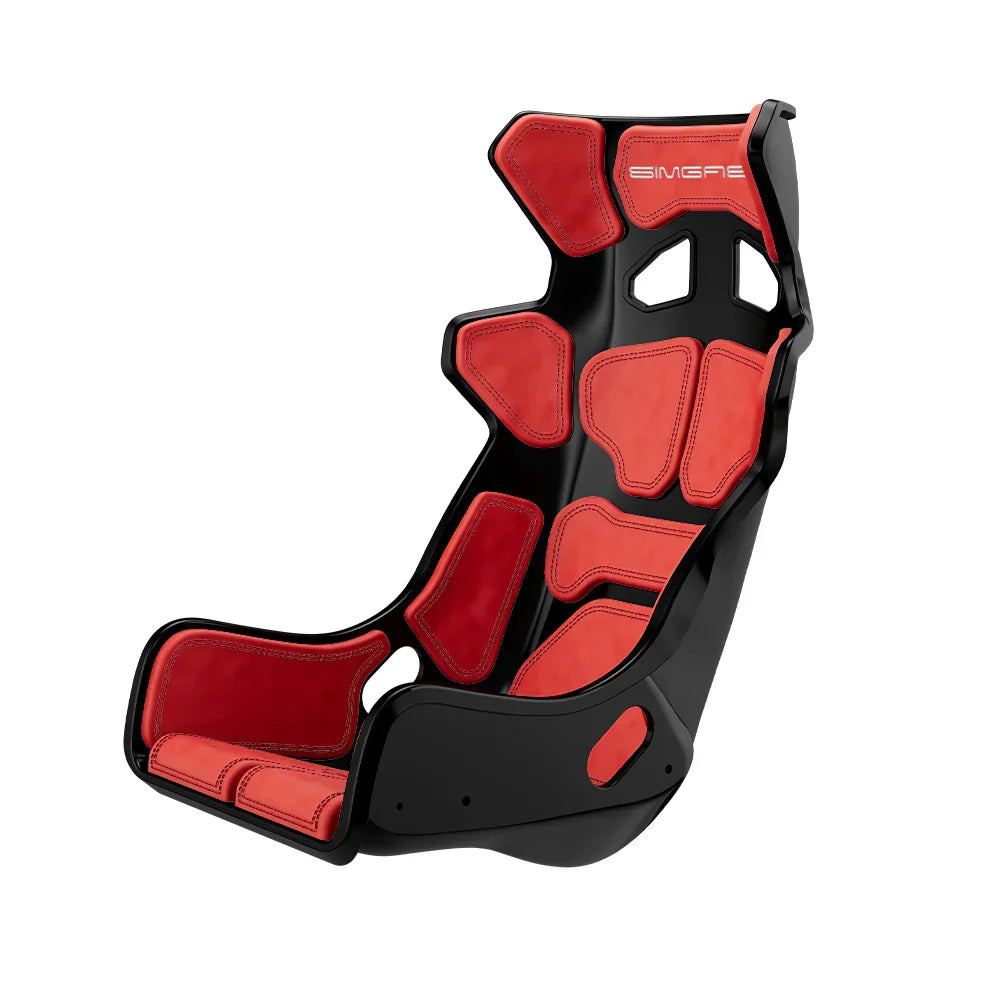 Black-shell SIMGASM Atlas GT seat fitted with red cushions in a front three-quarter view