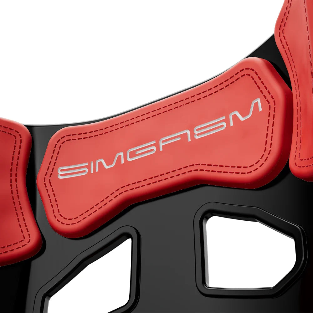 Close-up of the red upper backrest cushion on the black-shell SIMGASM Atlas GT seat