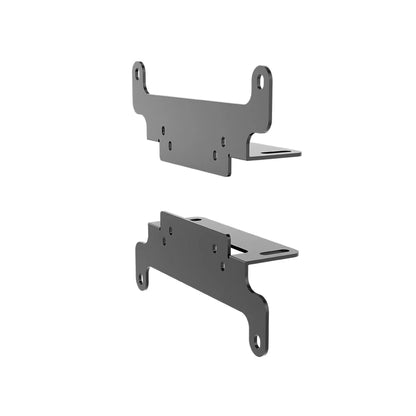 Angled view of the black VESA bracket pair, showing bent flanges and slotted adjustment holes